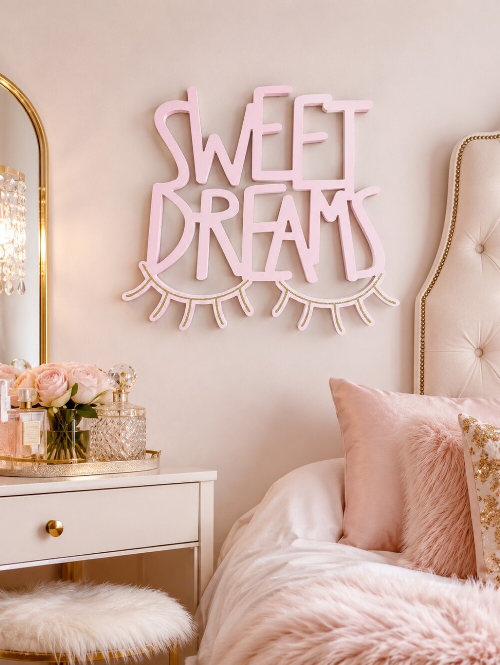 Hobby Lobby Sweet Dreams Pink Gold Eyelash Wood Wall Sign 15x15